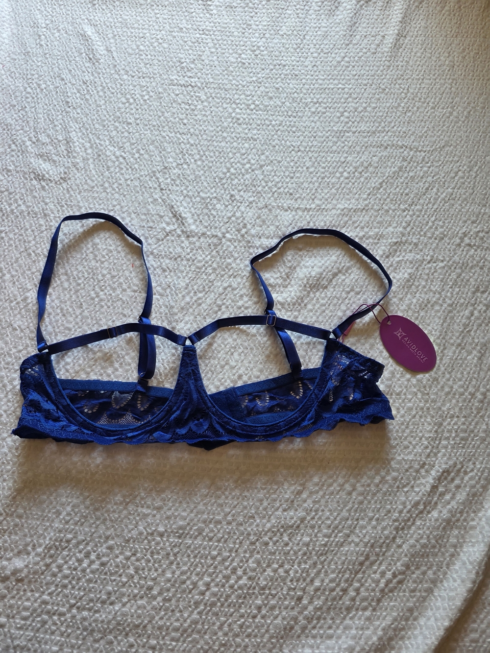 Satin-Trim Lace Underwire Bra in Navy Blue L